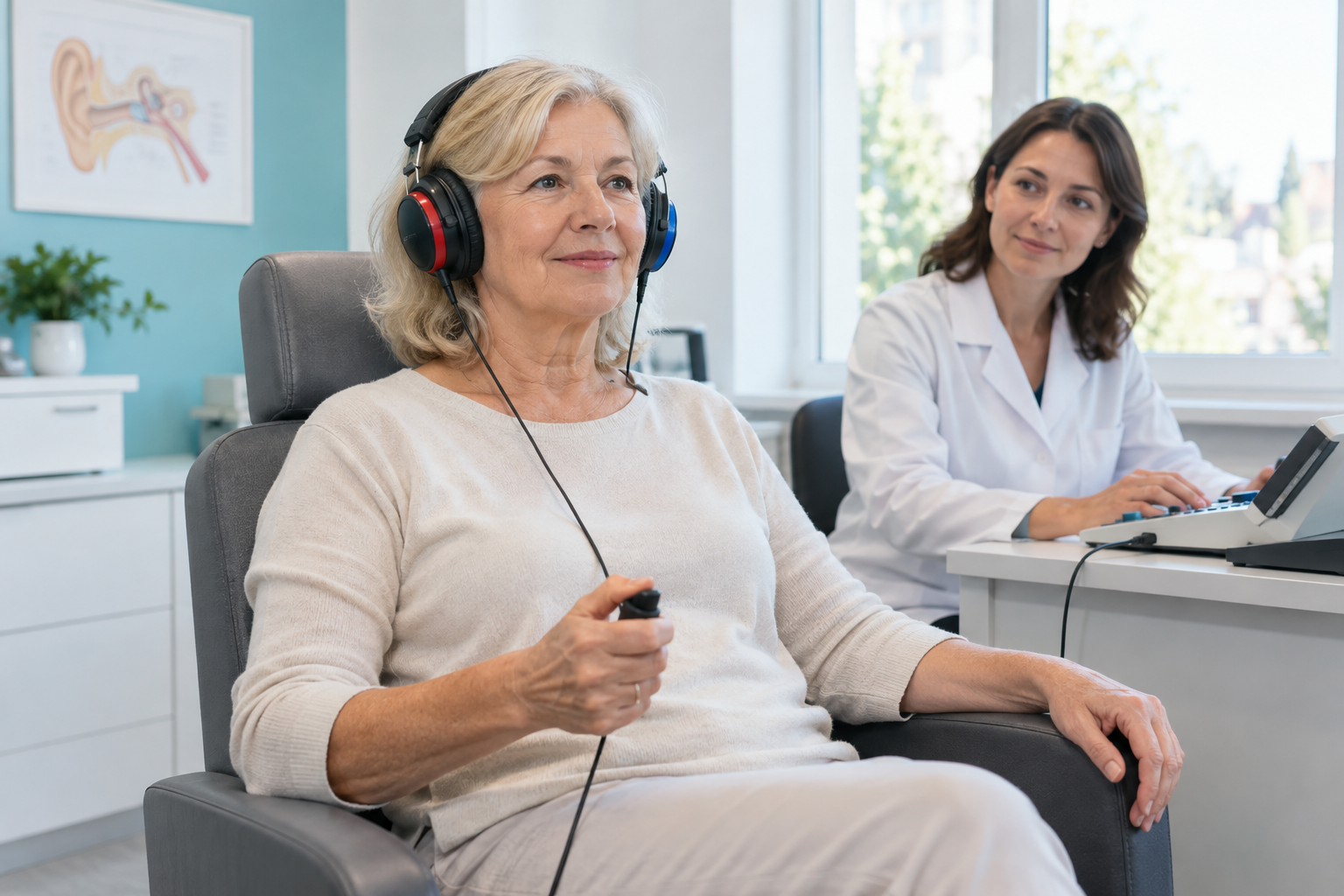 Controllo dell’udito con cuffie audiometriche e assistenza professionale