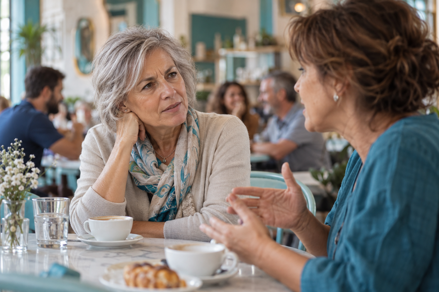 Donna concentrata sulla conversazione in un locale affollato